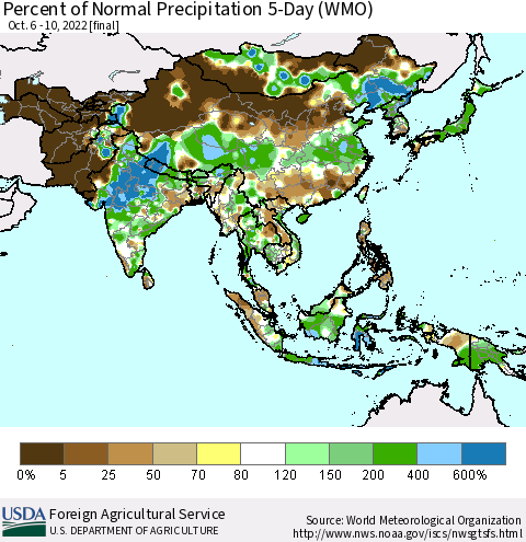 Asia Percent of Normal Precipitation 5-Day (WMO) Thematic Map For 10/6/2022 - 10/10/2022