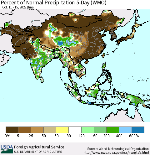 Asia Percent of Normal Precipitation 5-Day (WMO) Thematic Map For 10/11/2022 - 10/15/2022