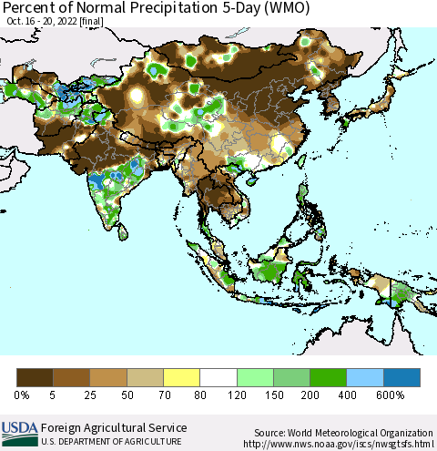 Asia Percent of Normal Precipitation 5-Day (WMO) Thematic Map For 10/16/2022 - 10/20/2022