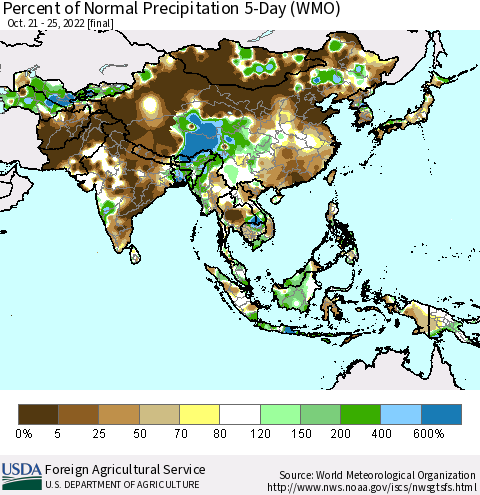Asia Percent of Normal Precipitation 5-Day (WMO) Thematic Map For 10/21/2022 - 10/25/2022