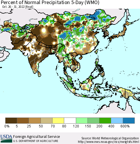Asia Percent of Normal Precipitation 5-Day (WMO) Thematic Map For 10/26/2022 - 10/31/2022