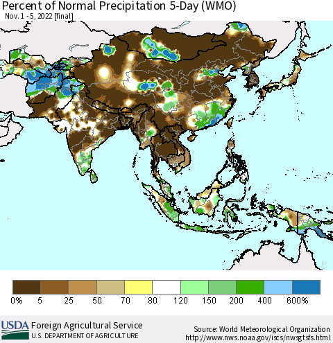 Asia Percent of Normal Precipitation 5-Day (WMO) Thematic Map For 11/1/2022 - 11/5/2022