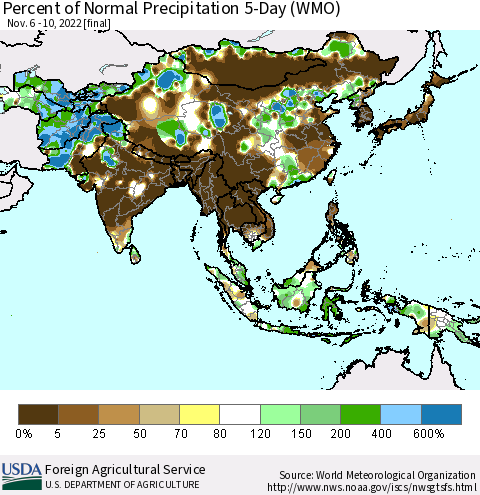 Asia Percent of Normal Precipitation 5-Day (WMO) Thematic Map For 11/6/2022 - 11/10/2022