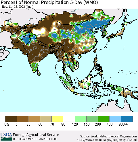 Asia Percent of Normal Precipitation 5-Day (WMO) Thematic Map For 11/11/2022 - 11/15/2022