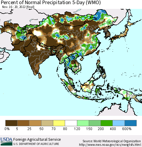 Asia Percent of Normal Precipitation 5-Day (WMO) Thematic Map For 11/16/2022 - 11/20/2022
