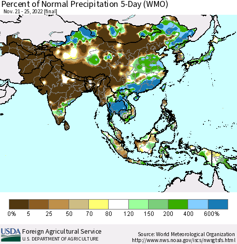 Asia Percent of Normal Precipitation 5-Day (WMO) Thematic Map For 11/21/2022 - 11/25/2022