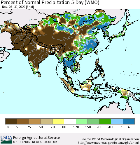 Asia Percent of Normal Precipitation 5-Day (WMO) Thematic Map For 11/26/2022 - 11/30/2022