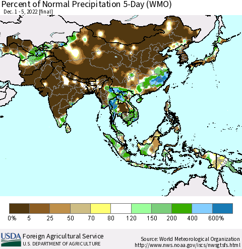 Asia Percent of Normal Precipitation 5-Day (WMO) Thematic Map For 12/1/2022 - 12/5/2022