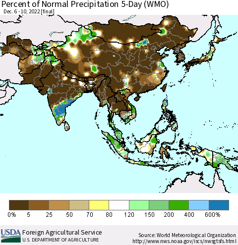 Asia Percent of Normal Precipitation 5-Day (WMO) Thematic Map For 12/6/2022 - 12/10/2022