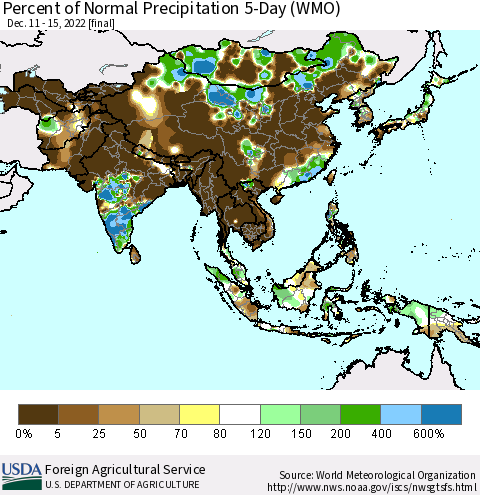 Asia Percent of Normal Precipitation 5-Day (WMO) Thematic Map For 12/11/2022 - 12/15/2022