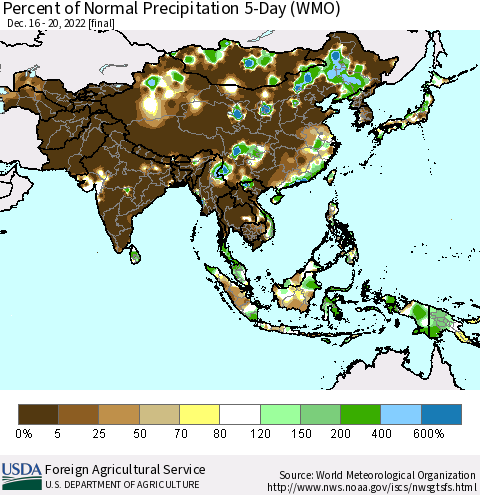 Asia Percent of Normal Precipitation 5-Day (WMO) Thematic Map For 12/16/2022 - 12/20/2022