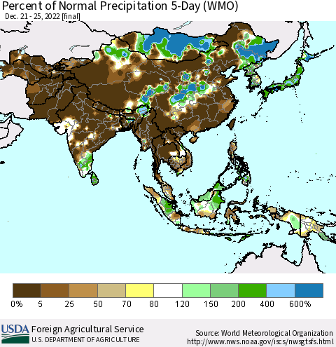 Asia Percent of Normal Precipitation 5-Day (WMO) Thematic Map For 12/21/2022 - 12/25/2022