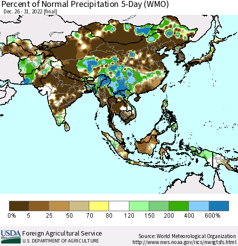 Asia Percent of Normal Precipitation 5-Day (WMO) Thematic Map For 12/26/2022 - 12/31/2022