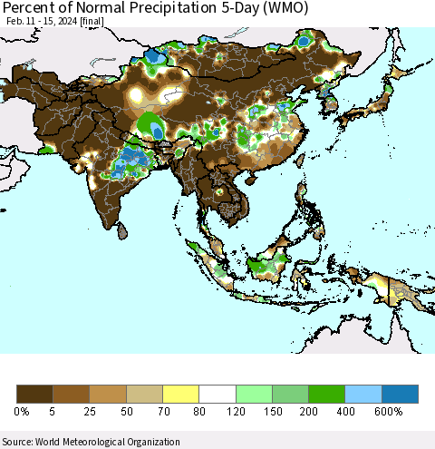 Asia Percent of Normal Precipitation 5-Day (WMO) Thematic Map For 2/11/2024 - 2/15/2024
