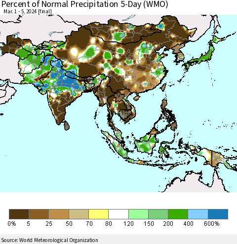 Asia Percent of Normal Precipitation 5-Day (WMO) Thematic Map For 3/1/2024 - 3/5/2024