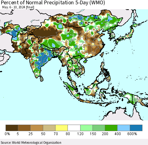 Asia Percent of Normal Precipitation 5-Day (WMO) Thematic Map For 5/6/2024 - 5/10/2024