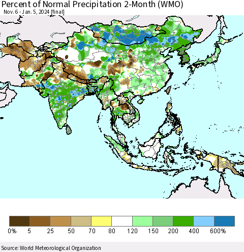 Asia Percent of Normal Precipitation 2-Month (WMO) Thematic Map For 11/6/2023 - 1/5/2024