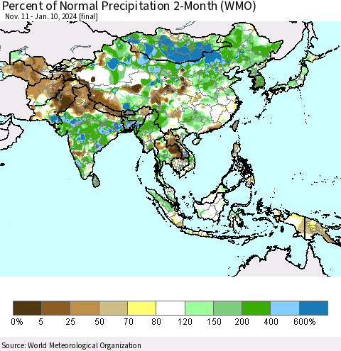 Asia Percent of Normal Precipitation 2-Month (WMO) Thematic Map For 11/11/2023 - 1/10/2024