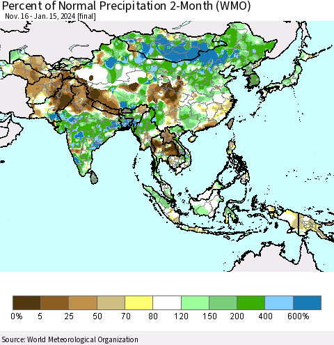 Asia Percent of Normal Precipitation 2-Month (WMO) Thematic Map For 11/16/2023 - 1/15/2024