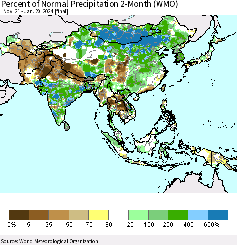 Asia Percent of Normal Precipitation 2-Month (WMO) Thematic Map For 11/21/2023 - 1/20/2024