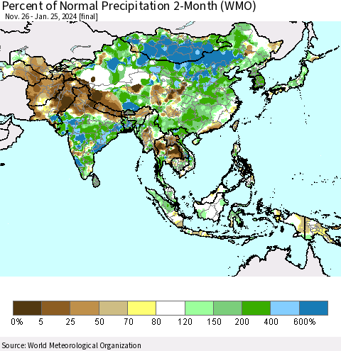Asia Percent of Normal Precipitation 2-Month (WMO) Thematic Map For 11/26/2023 - 1/25/2024