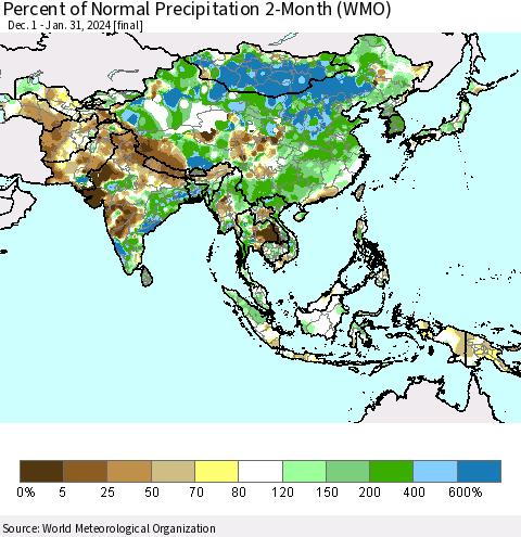 Asia Percent of Normal Precipitation 2-Month (WMO) Thematic Map For 12/1/2023 - 1/31/2024
