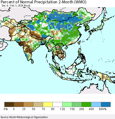 Asia Percent of Normal Precipitation 2-Month (WMO) Thematic Map For 12/6/2023 - 2/5/2024