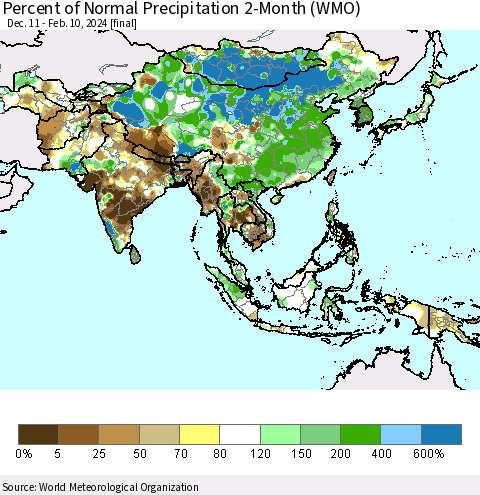 Asia Percent of Normal Precipitation 2-Month (WMO) Thematic Map For 12/11/2023 - 2/10/2024