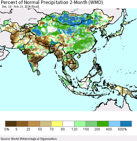 Asia Percent of Normal Precipitation 2-Month (WMO) Thematic Map For 12/16/2023 - 2/15/2024
