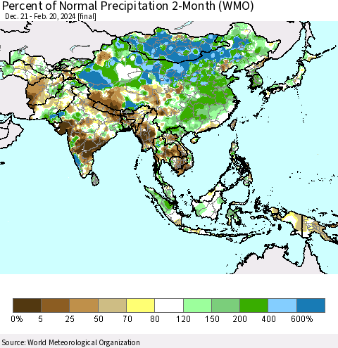 Asia Percent of Normal Precipitation 2-Month (WMO) Thematic Map For 12/21/2023 - 2/20/2024