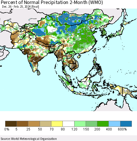 Asia Percent of Normal Precipitation 2-Month (WMO) Thematic Map For 12/26/2023 - 2/25/2024