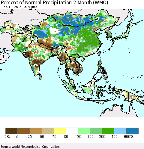 Asia Percent of Normal Precipitation 2-Month (WMO) Thematic Map For 1/1/2024 - 2/29/2024