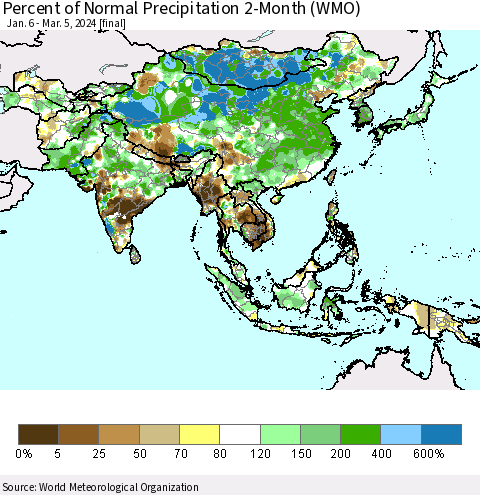 Asia Percent of Normal Precipitation 2-Month (WMO) Thematic Map For 1/6/2024 - 3/5/2024