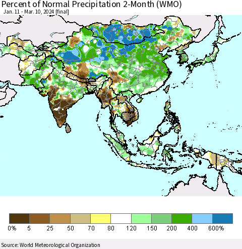 Asia Percent of Normal Precipitation 2-Month (WMO) Thematic Map For 1/11/2024 - 3/10/2024
