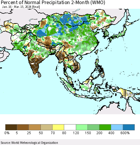 Asia Percent of Normal Precipitation 2-Month (WMO) Thematic Map For 1/16/2024 - 3/15/2024