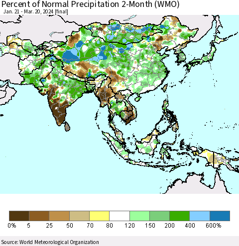 Asia Percent of Normal Precipitation 2-Month (WMO) Thematic Map For 1/21/2024 - 3/20/2024
