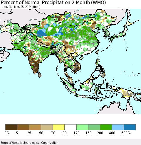 Asia Percent of Normal Precipitation 2-Month (WMO) Thematic Map For 1/26/2024 - 3/25/2024