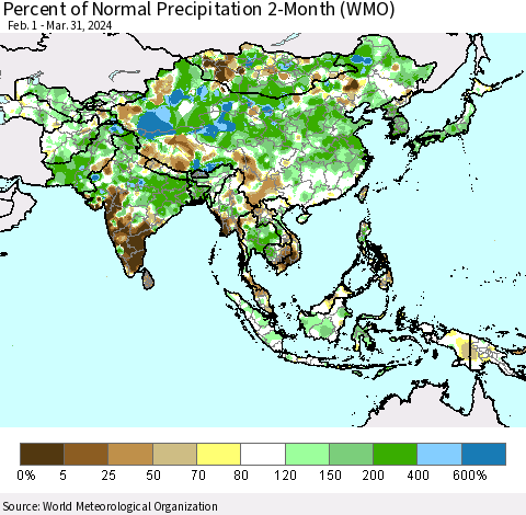 Asia Percent of Normal Precipitation 2-Month (WMO) Thematic Map For 2/1/2024 - 3/31/2024