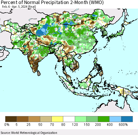 Asia Percent of Normal Precipitation 2-Month (WMO) Thematic Map For 2/6/2024 - 4/5/2024