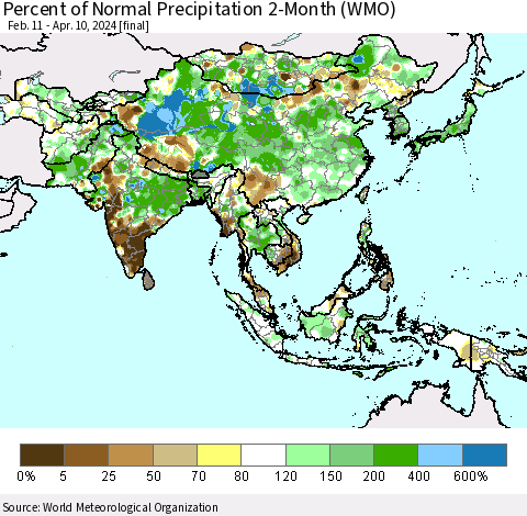 Asia Percent of Normal Precipitation 2-Month (WMO) Thematic Map For 2/11/2024 - 4/10/2024