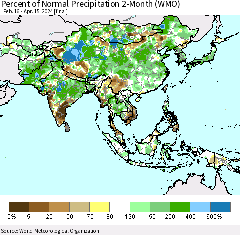 Asia Percent of Normal Precipitation 2-Month (WMO) Thematic Map For 2/16/2024 - 4/15/2024