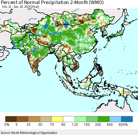 Asia Percent of Normal Precipitation 2-Month (WMO) Thematic Map For 2/21/2024 - 4/20/2024