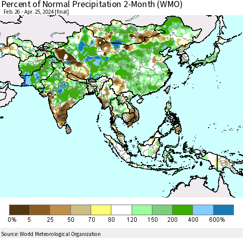 Asia Percent of Normal Precipitation 2-Month (WMO) Thematic Map For 2/26/2024 - 4/25/2024