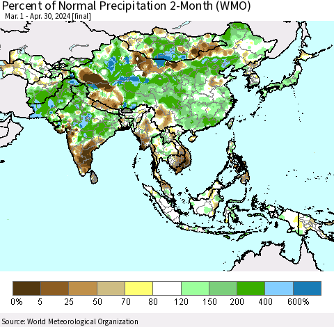 Asia Percent of Normal Precipitation 2-Month (WMO) Thematic Map For 3/1/2024 - 4/30/2024