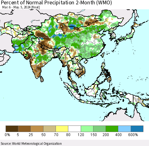 Asia Percent of Normal Precipitation 2-Month (WMO) Thematic Map For 3/6/2024 - 5/5/2024