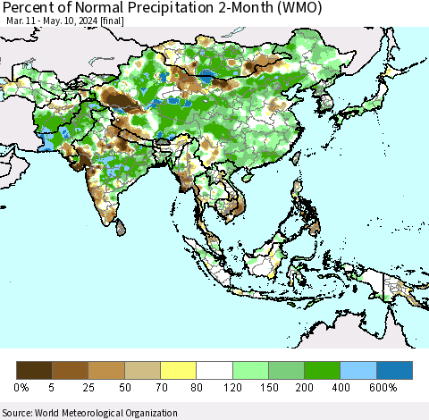Asia Percent of Normal Precipitation 2-Month (WMO) Thematic Map For 3/11/2024 - 5/10/2024