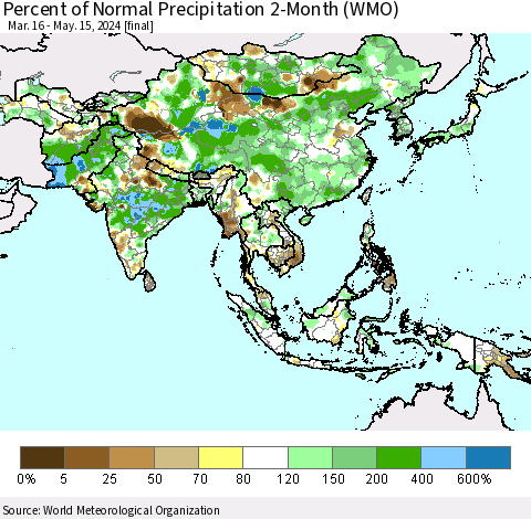 Asia Percent of Normal Precipitation 2-Month (WMO) Thematic Map For 3/16/2024 - 5/15/2024
