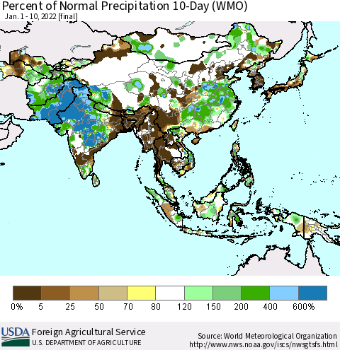Asia Percent of Normal Precipitation 10-Day (WMO) Thematic Map For 1/1/2022 - 1/10/2022
