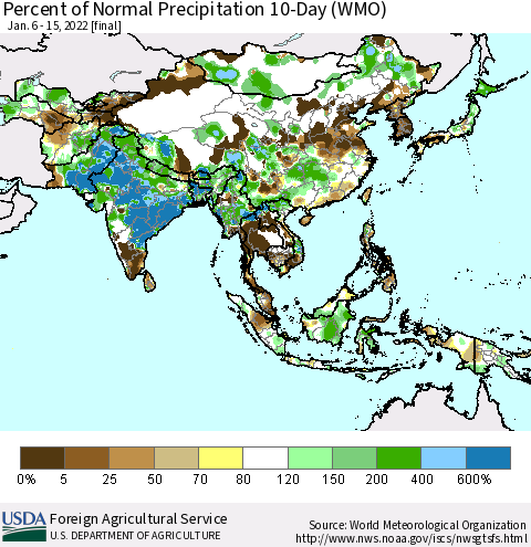 Asia Percent of Normal Precipitation 10-Day (WMO) Thematic Map For 1/6/2022 - 1/15/2022