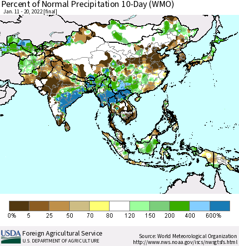 Asia Percent of Normal Precipitation 10-Day (WMO) Thematic Map For 1/11/2022 - 1/20/2022